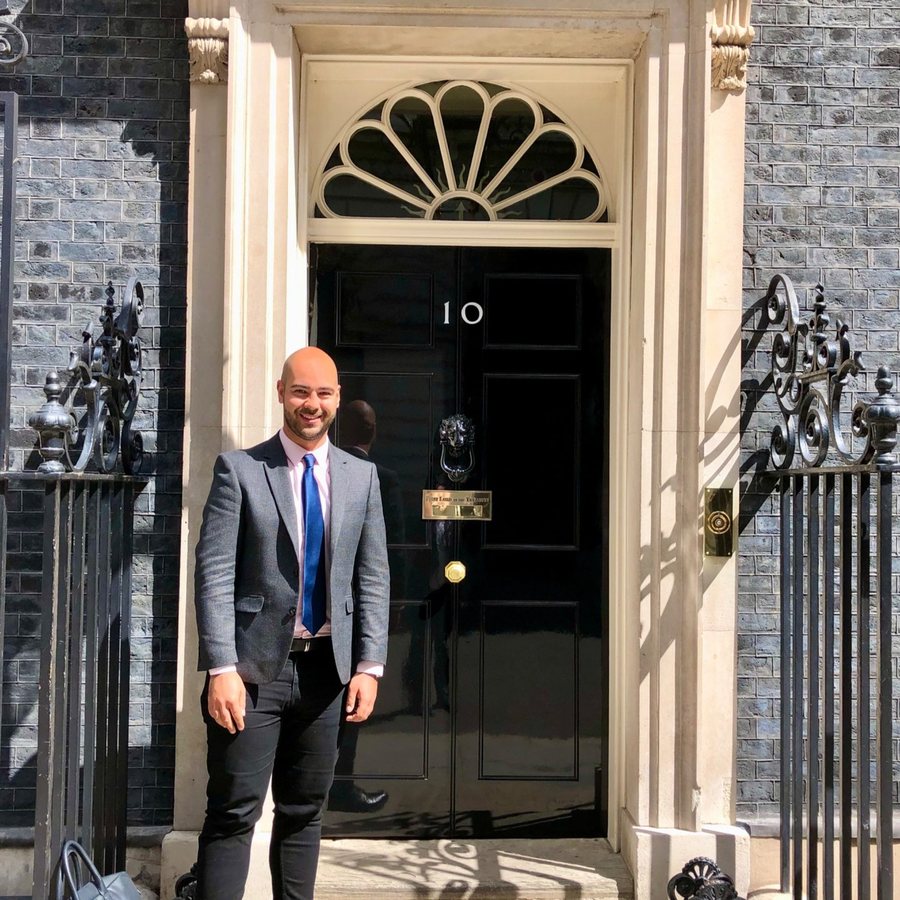 Leon Emirali outside the door of 10 Downing Street