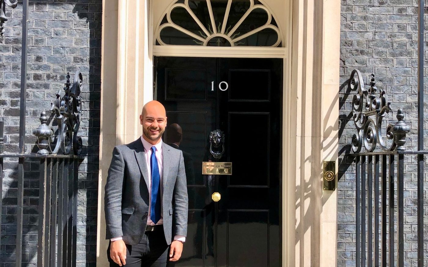 Leon Emirali outside the door of 10 Downing Street