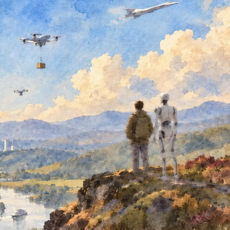 A watercolour of a figure and a robot looking over a valley, from the Quatrex website