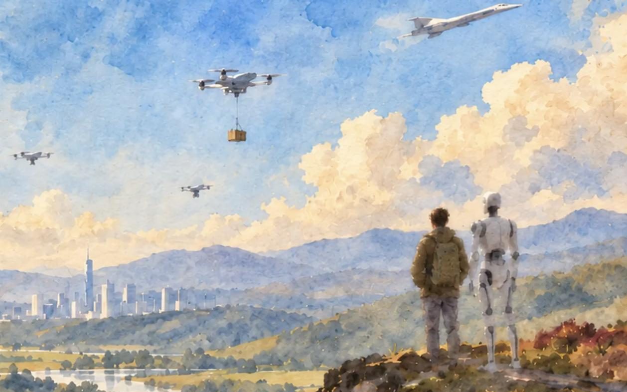A watercolour of a figure and a robot looking over a valley, from the Quatrex website