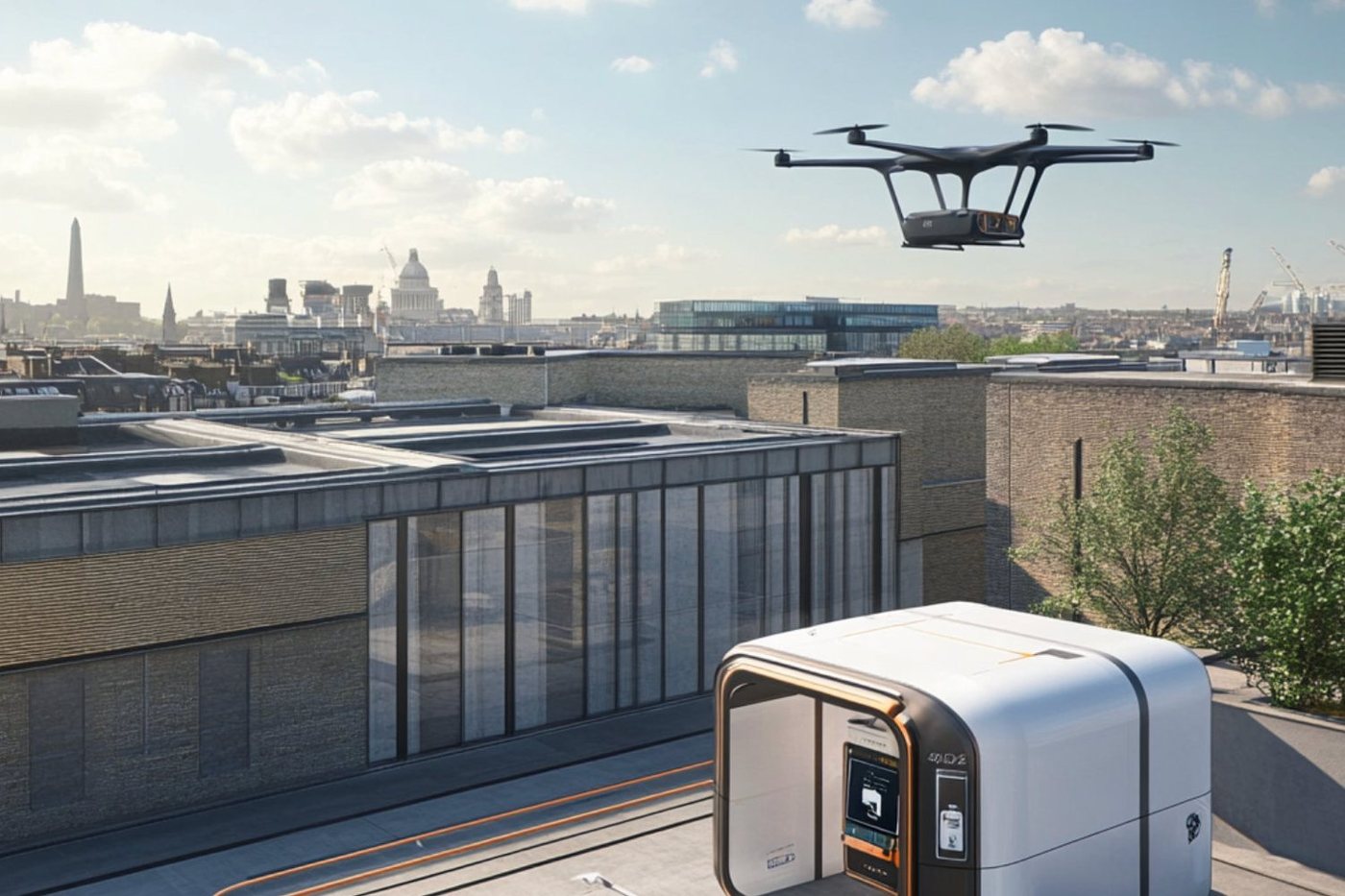 An AeroGrid drone charging point on a rooftop, with a delivery drone overhead