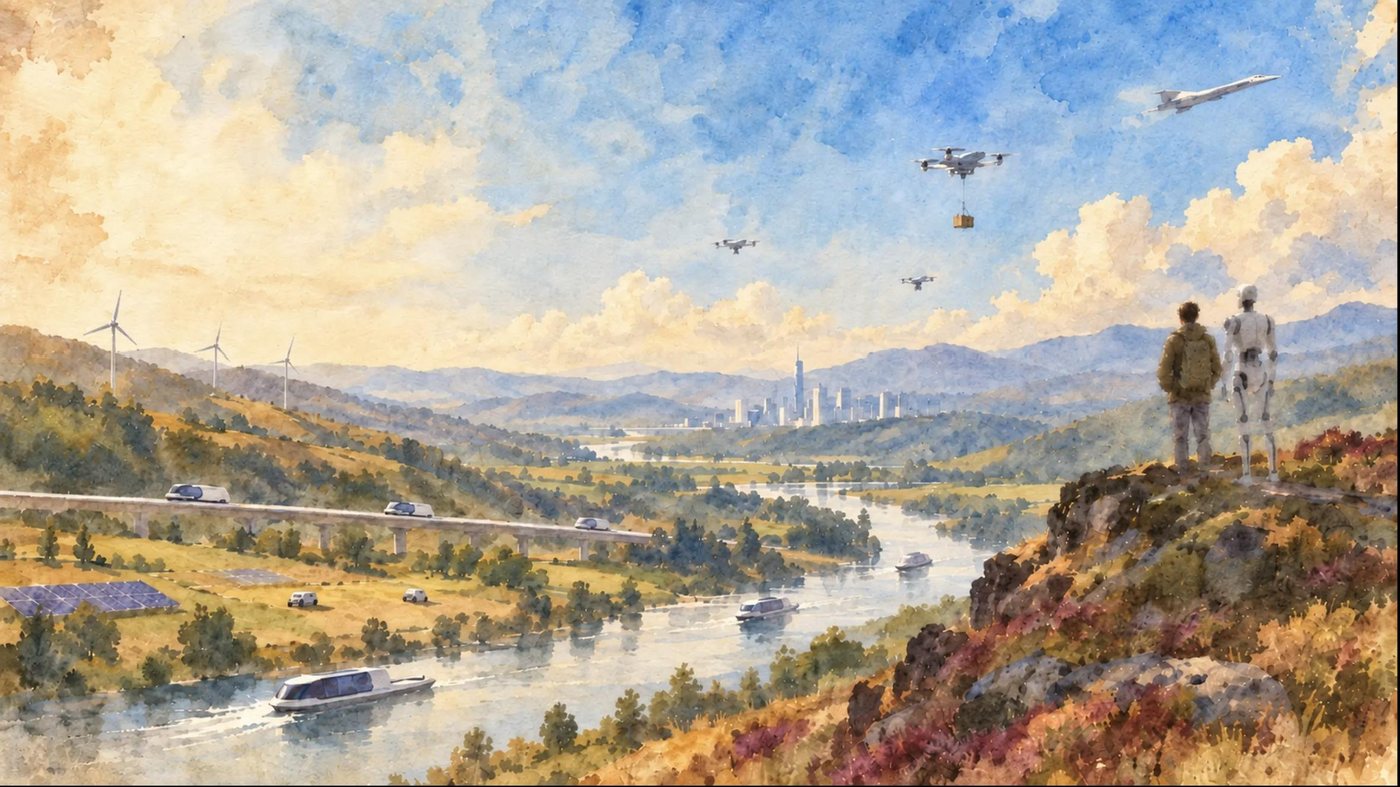 A watercolour of a valley with drones, a city and two figures on a hill, from the Quatrex website